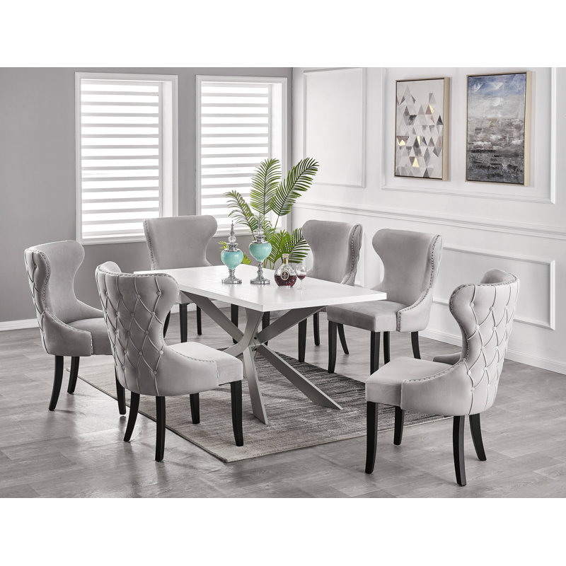 Devries 6 Person Dining set - a Rectangular Wooden Dining Table with Metal Legs and a Set of 6 Quilted Velvet Dining Chairs for Dining Room - Modern Dining Table Set