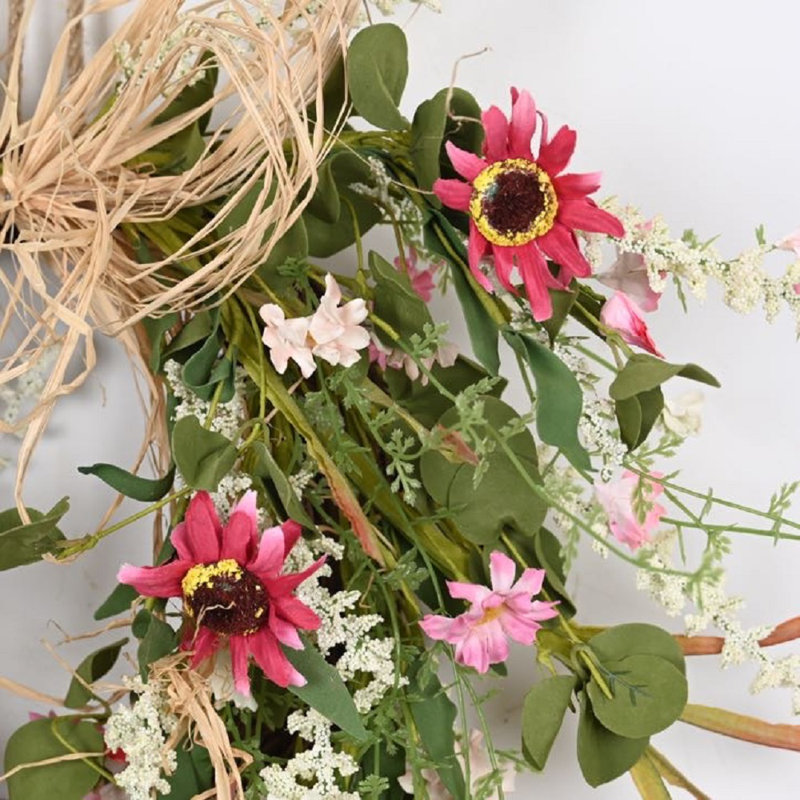 Artificial Farmhouse Greenery Foliage Leaves Berry Sunflower Floral Spring Summer Wreath For Front Door, 16" W X 16" H X 5" D