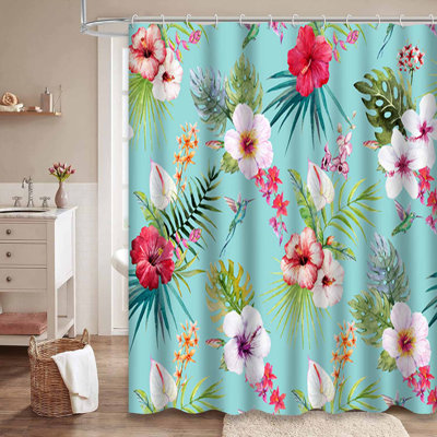 Rideau de douche aquarelle avec hibiscus et feuilles de palmier avec 12 crochets