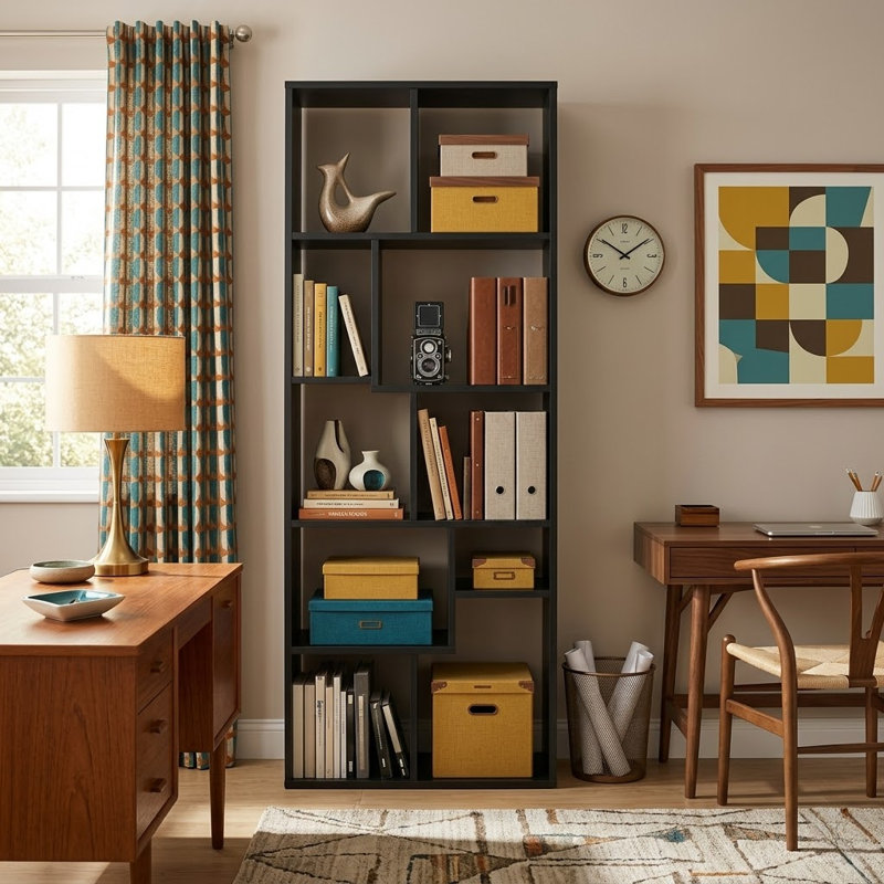 5-tier Modern Geometric Asymmetrical Bookcase, Open Back Etagere Display Shelf, Black