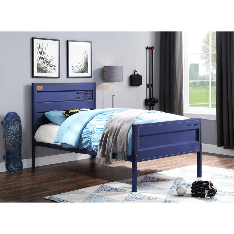 Lit simple bleu avec conception de panneau de style cargaison, structure en métal et panneaux encastrés, 21 lattes, aucun sommier requis, pieds rectangulaires à profil bas, pieds droits, structure en tôle d'acier de 25 x 50 mm,