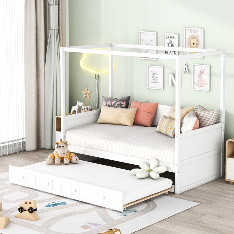 Lit de jour simple à baldaquin avec lit gigogne en blanc - Design élégant et moderne pour votre chambre à coucher Créez une atmosphère de sommeil confortable