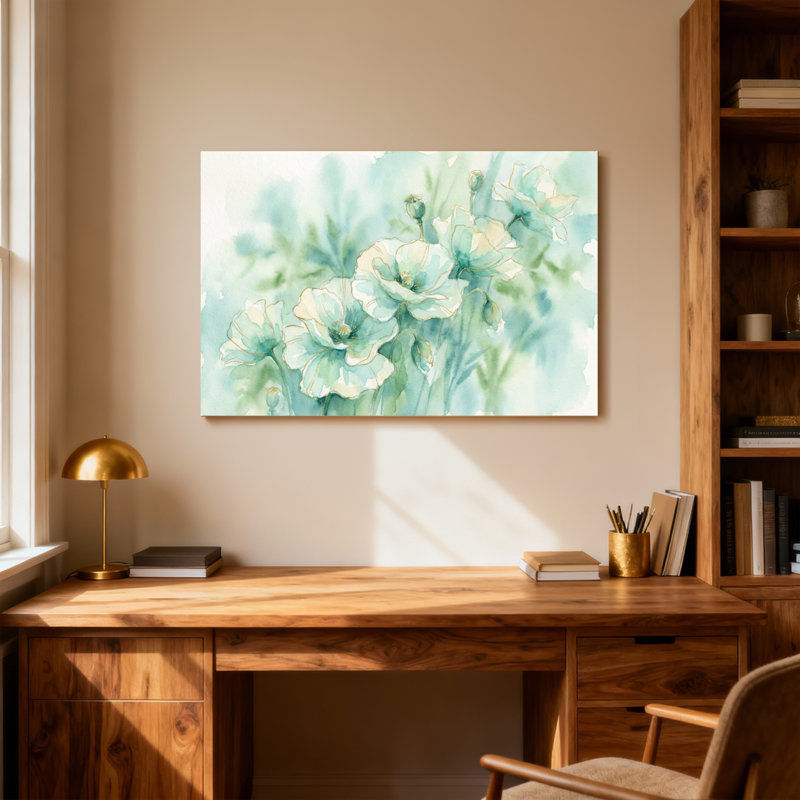 Plantes et fleurs à l'aquarelle sur fond bleu-vert doux, H 12 po x l 18 po