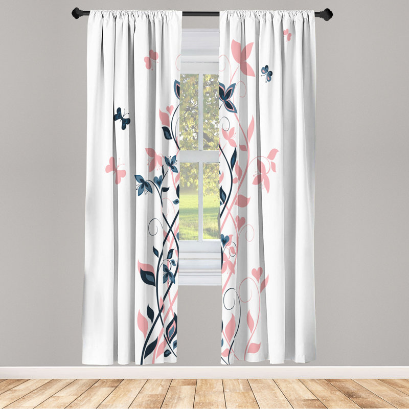 Microfiber Floral Semi-Sheer Rod Pocket Curtain Panels, 28" W x 84" L, Dark Green/Pink/White