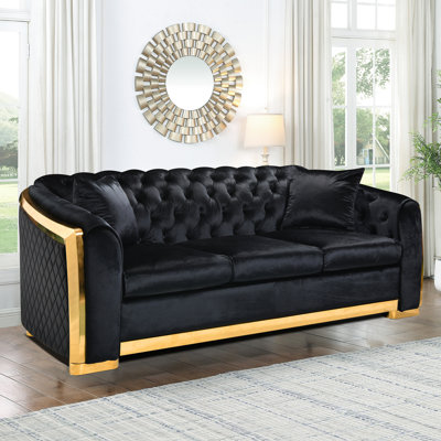 Canapé en velours de luxe 3: 84 pouces avec acier inoxydable doré pour le salon, noir: espace