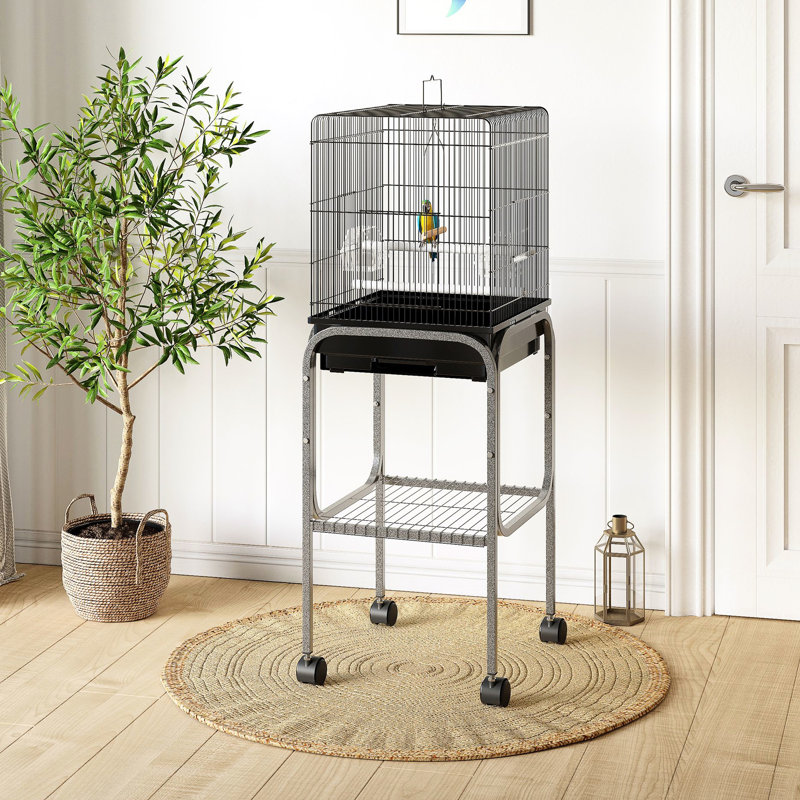 Cage à oiseaux intérieure en métal de 45 pouces - Volière spacieuse avec support amovible, panier et ensemble délice noir pour perroquets, espace de rangement, options de perchoir