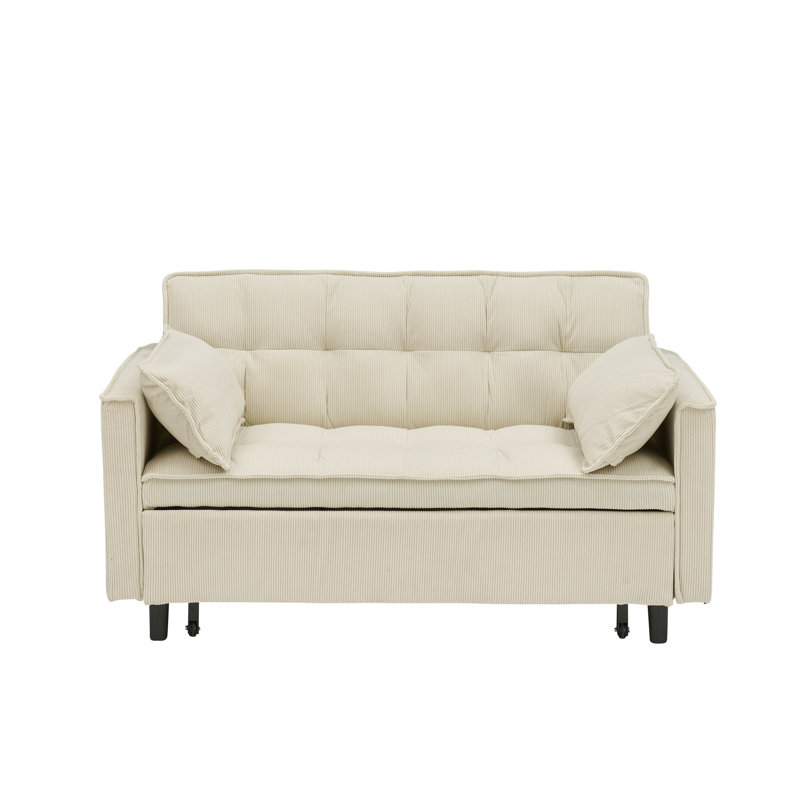 Lit simple tapissier beige de 53,94 po, planche supportée, 2 coussins rembourrés en éponge, cadre en bois massif et à base de bois, décoration de bureau à domicile 53,94 po, velours côtelé, support, coussin, sans sommier,