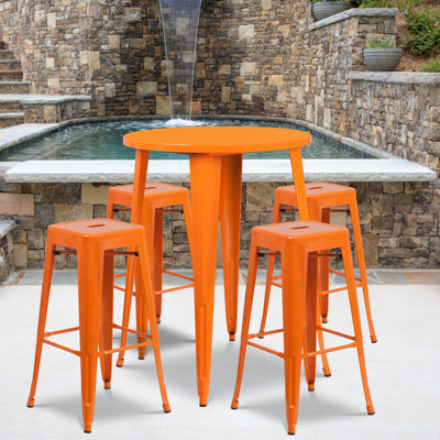 Colbert 30'' Round Metal Indoor-Outdoor Bar Table Set with 4 Square Seat Backless Stools