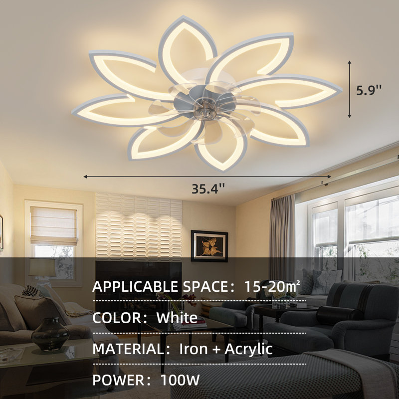 35 in. Indoor White Bladeless Creative Flower Ceiling Fan With Light Remote Control, Dimmable 3-Color Modern Ceiling Fan
