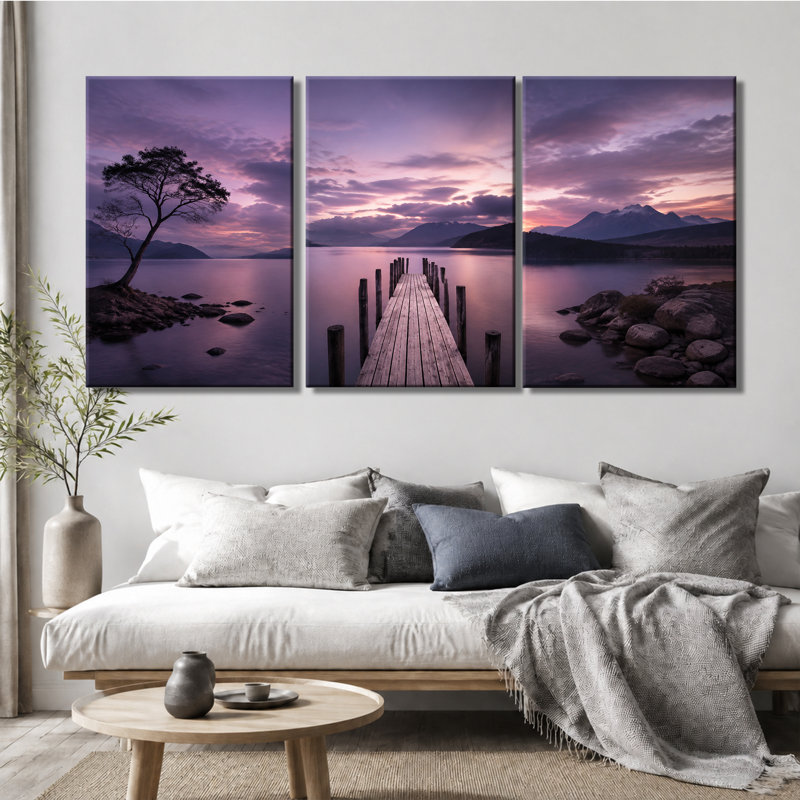 3 panneaux muraux, mauve, coucher de soleil, lac, jetée, paysage, 16 * 24 pouces * 3
