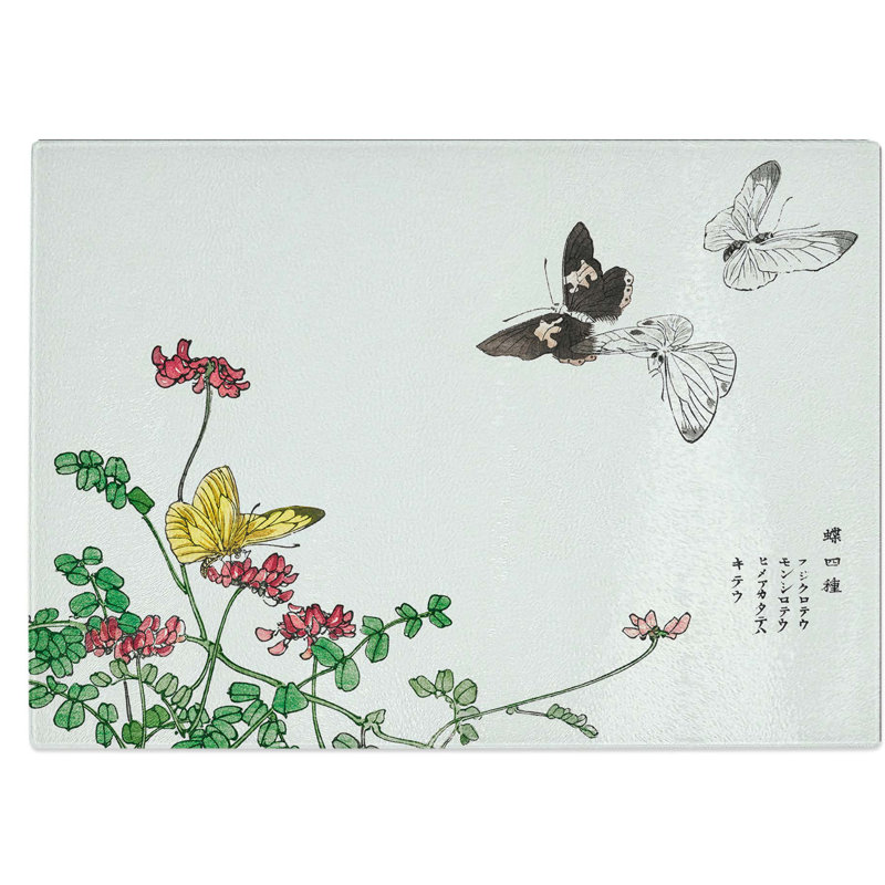Tempered Glass Butterflies and Flowers Chopping Board, 39 cm W x 28.5 cm L