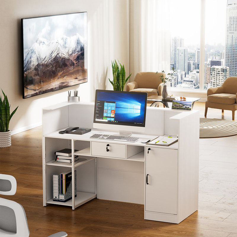 Corwynn 63'' W Rectangular Wood Reception Desk With Drawers And Cabinet, with LED Lights
