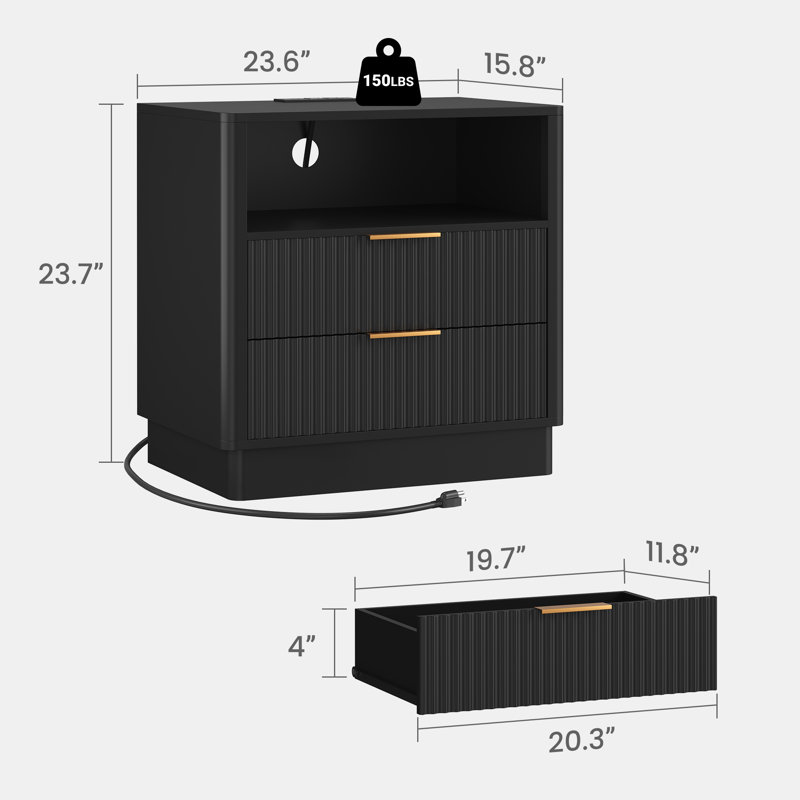 Table de chevet 2 tiroirs 23,6 "avec station de charge et lumière DEL, Noir