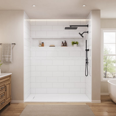 60"W x 32/36"D x 78"H 4-Piece Direct-to-Stud SMC Alcove Shower Wall Kit with Storage Niche, Quick Install