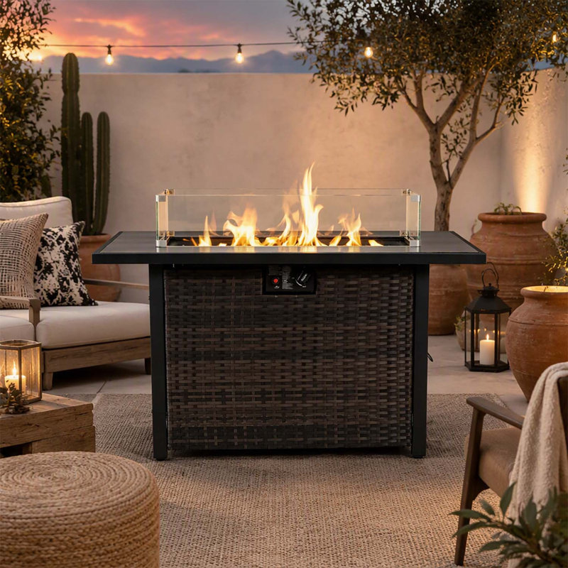 Table de foyer rectangulaire au propane de 112 cm (44 pouces), chauffage de terrasse extérieur 2 en 1 de 50 000 BTU avec pare-vent en verre trempé pour les fêtes dans le jardin et la cour arrière
