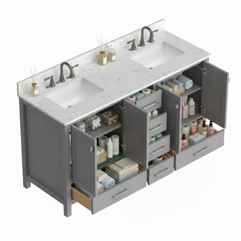 Meuble-lavabo 60 po, meuble-lavabo avec cadre en bois massif, comptoir autoportant avec 2 cuves, Gris, 60"