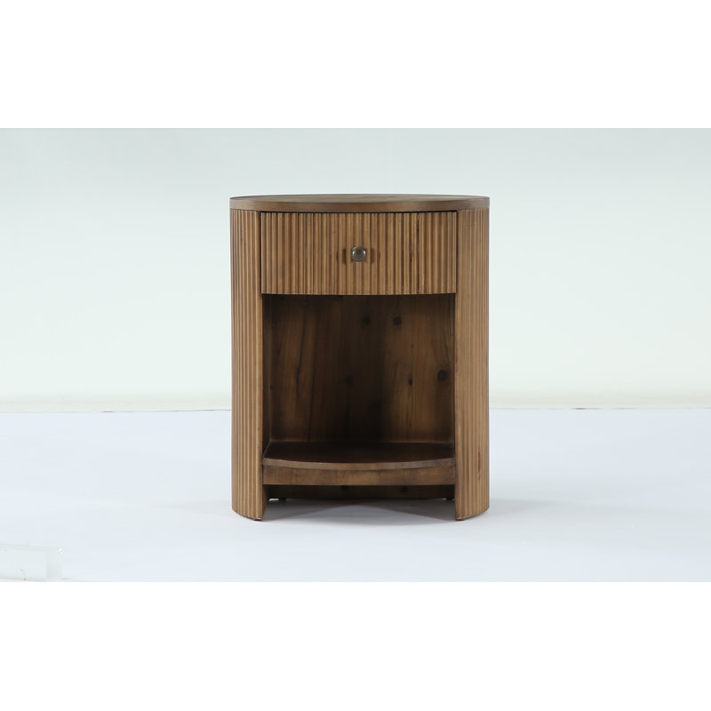 No Assembly Required Round Modern Nightstand End Table with Drawer, Opening Storage, Fluted Bedside Table for Living Room, Bedroom, Small Spaces (Walnut Brown)