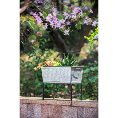 Two Rustic Metal Planters With Stands, Great For Container Gardening In Different Settings, Weathered Iron Construction, Elevated Convenient Access To Flowers, Sprouts Or Faux Plants, Silver Grey