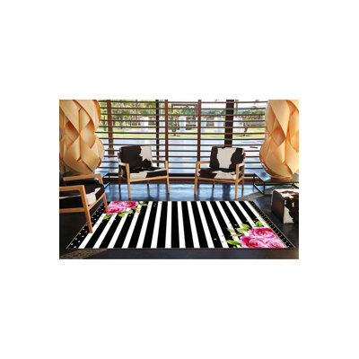 Tapis décoratif noir à motif floral rétro lavable à la machine