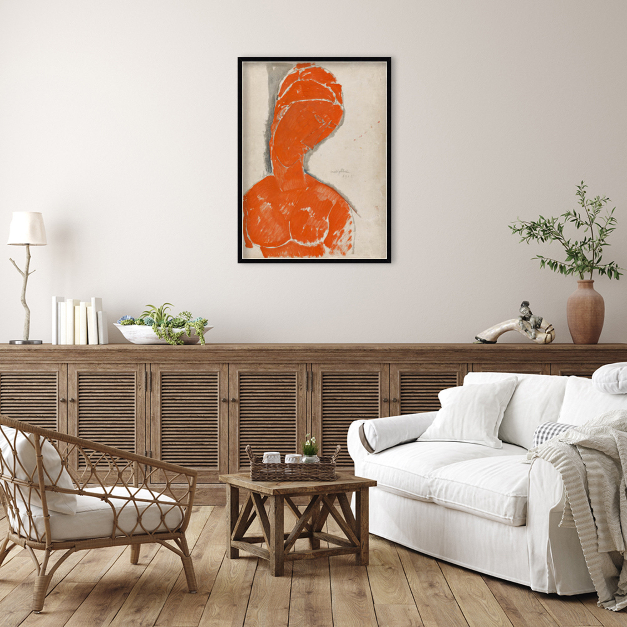 Female Bust in Red by Amedeo Modigliani Wood Framed Wall Art Print, 41" H x 31" W, Black