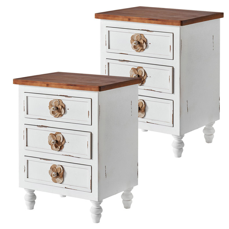 Tables de chevet rétro deux tons avec 3 tiroirs de rangement et poignée décorative, Blanc antique