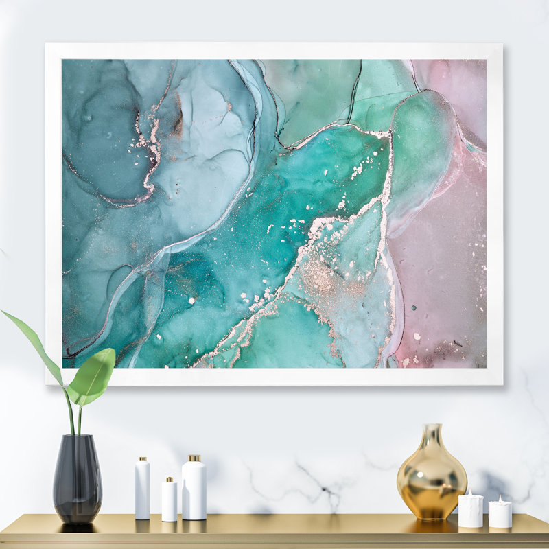 Marbre abstrait turquoise - peinture sur toile, H 34 po x l 44 po, Cadre de coin blanc fermé
