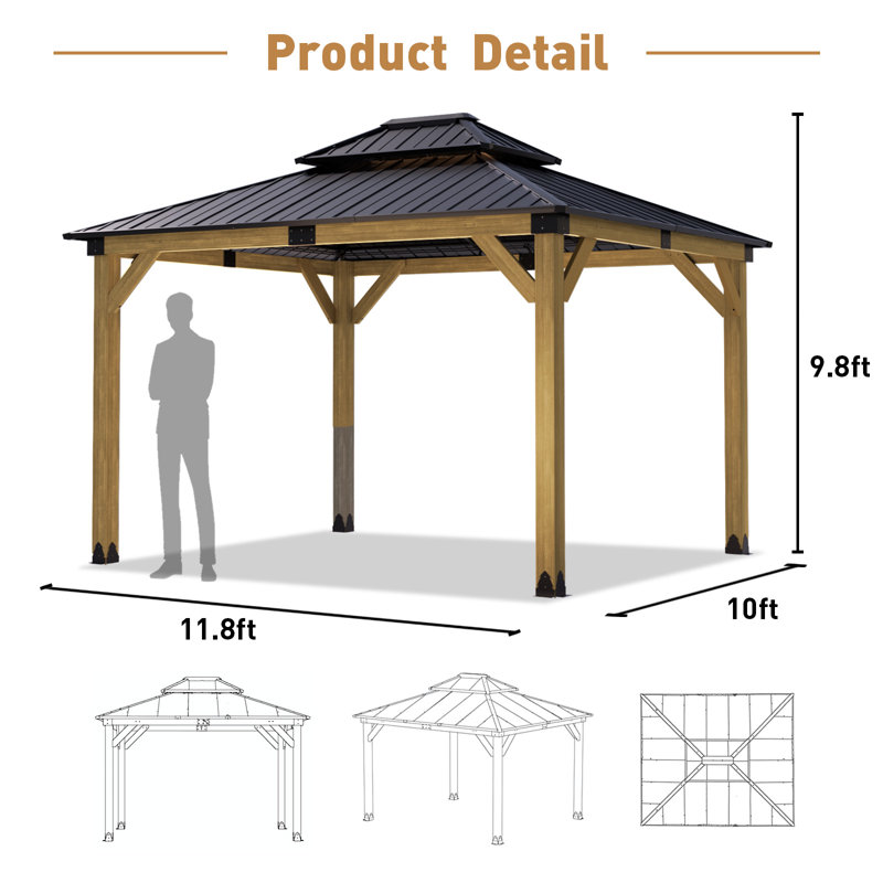 Solid Patio Gazebo, Wood, 10 Ft. H x 12 Ft. W x 10 Ft. D