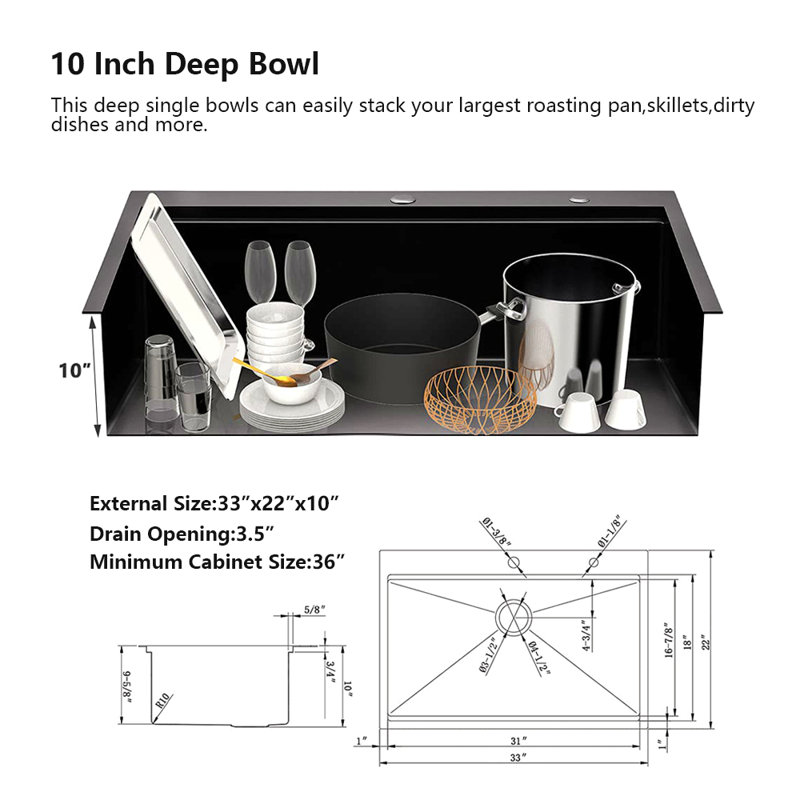 Évier de cuisine encastré 33 po R10 à cuve simple en acier inoxydable avec rebord intégré et accessoires (paquet de 5) - 33 po x 22 po x 10 po