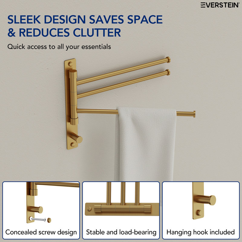 Wall-Mount Swivel Towel Bar With Hooks, Brushed Gold