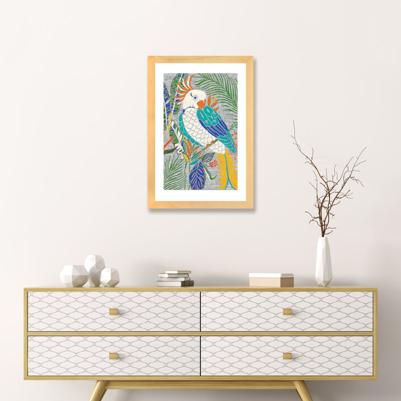«Tropical Cockatoo» par Chariklia Zarris - impression d'art graphique, Papier avec cadre beige, H 24 po x l 16 po x P 1 po