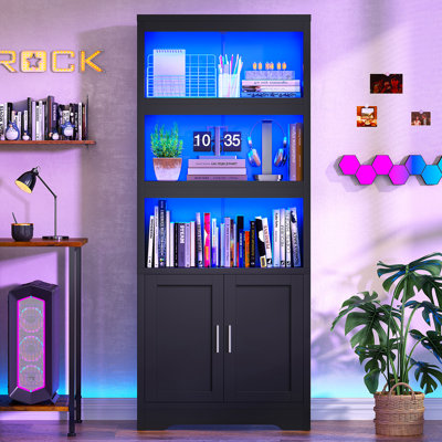 Étagère et bibliothèque 62,9 po H avec portes, armoire de rangement à 5 niveaux, lumières DEL télécommandées