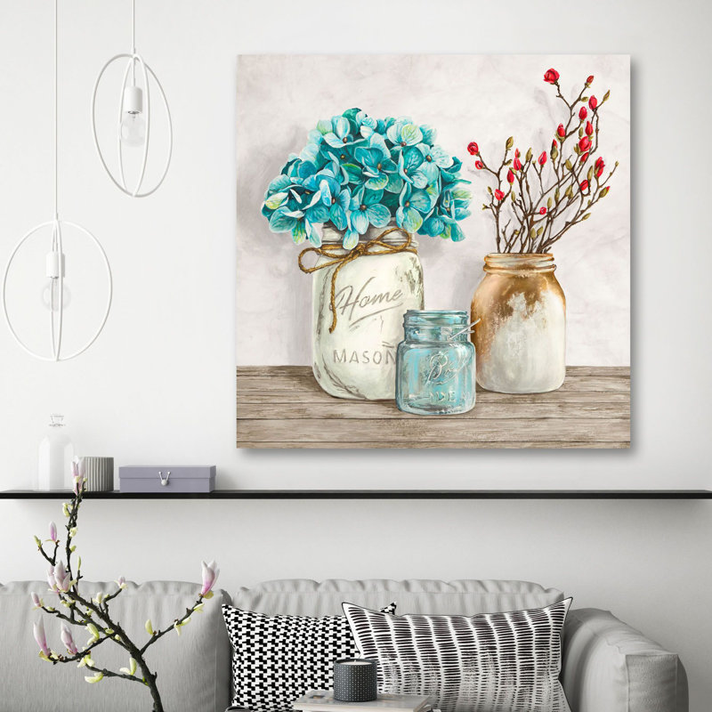 Floral Composition With Mason Jars I - Wrapped Canvas Print, 70cm H x 70cm W x 4cm D