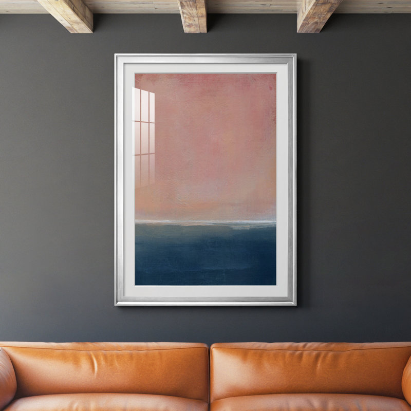 Coucher de soleil - Peinture encadrée, H 26,5 po x l 36,5 po x P 1,5 po, Papier avec cadre argenté, Blanc mat