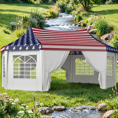 Tente de mariage et de fête robuste avec auvent résistant aux rayons UV, 2 portes, 6 fenêtres, conception de drapeau américain
