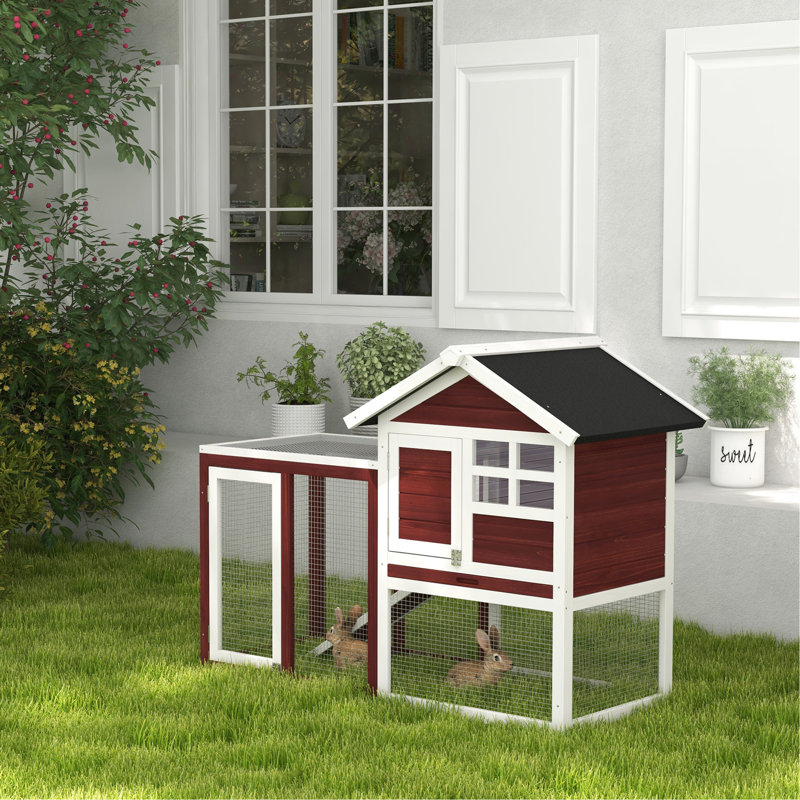 Abri de 48 po en bois massif, toit imperméable, plateau amovible, cage à lapin confortable avec toit en asphalte et rampe brun
