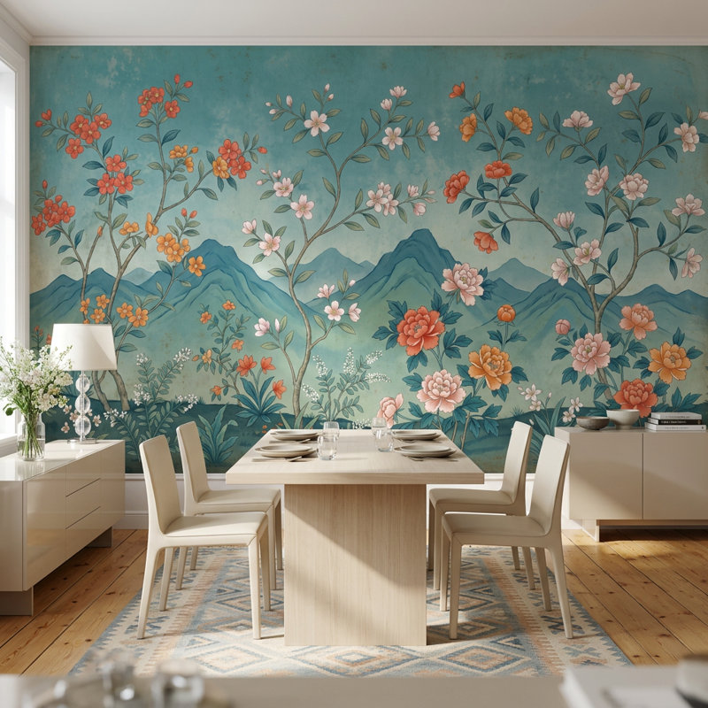 Papier peint floral paysage mural fond bleu sarcelle amovible en couches bleu sarcelle, Texturé non collé, 100 po x 96 po