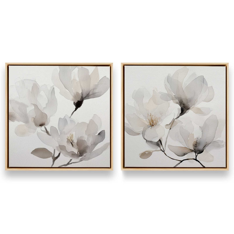 Ensemble de 2 impressions murales Whispered Magnolia, 12 po x 12 po, Cadre flottant en érable américain