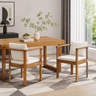 Outdoor Dining Chair Set of 2 with Curved Acacia Wood Arms, Teak Finish and Cream Cushions