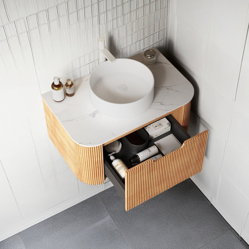 Meuble-lavabo mural de 30 po avec lavabo en céramique, armoire de rangement pré-assemblée, comptoir en marbre artificiel blanc, robinet non inclus, bois