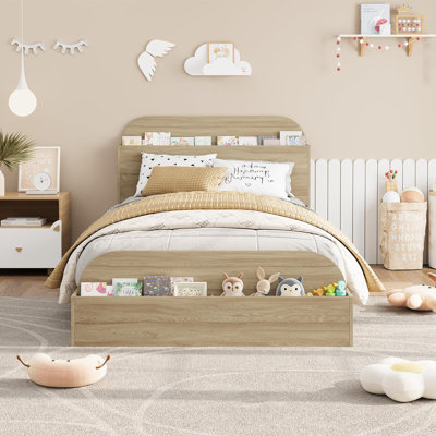 Twin Bed Frame with Storage Headboard, Solid Wood with Raised Footboard, Twin Size, Low Platform Design, Sturdy Slat Support, Natural Finish, Bedroom Use