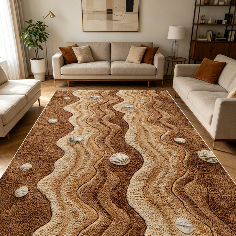 1PC Wavy Striped Raised Dot Textured Neutral Earth Tone Farmhouse Coastal area rugs for Living Room, Soft and Comfortable, Suitable for all seasons, easy-to-maintain, machine washable Indoor floor mat, Under Table Farmhouse suitable for dining room,