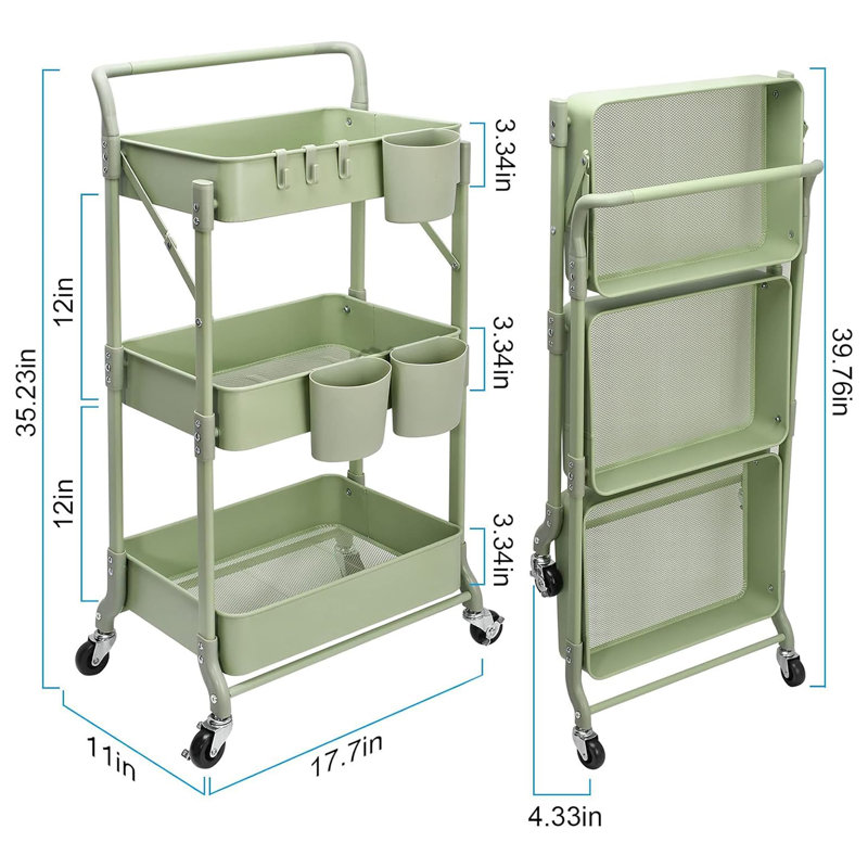 Chariot roulant pliable en métal à 3 niveaux, Vert