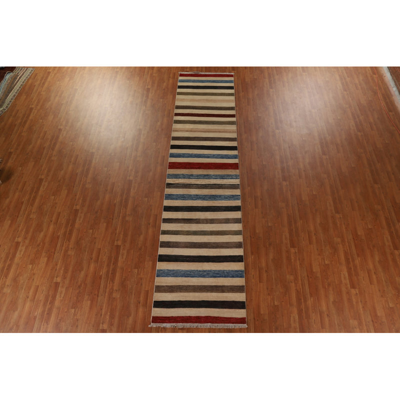 Tapis de couloir beige en laine noué à la main de conception unique 3 pi 4 po x 14 pi 1 po New Age