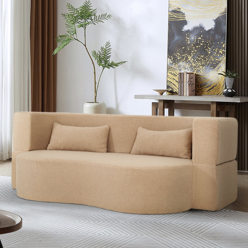 Velano Compact Ribbed Futon Sofa Bed With Pillows In Soft Teddy Fabric, Orange Teddy