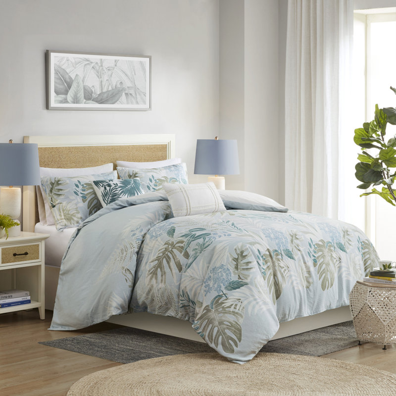 Kiawah Island 5 Piece Cotton Duvet Cover Set with Throw Pillow, Blue, Full/Queen Duvet Cover + 2 Shams + 2 Pillows