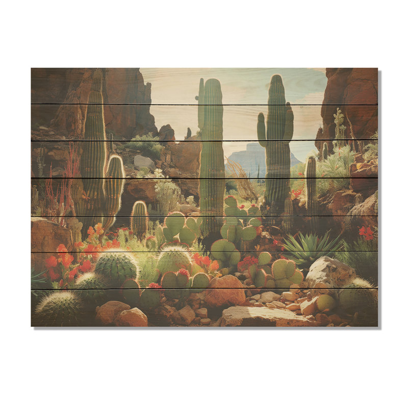 Cactus vert en fleur au Nevada - cactus floral sur bois, H 24 po x l 32 po