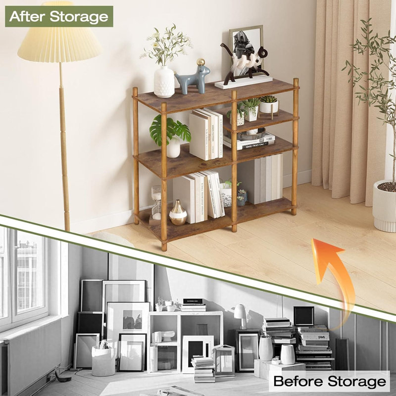 Étagère de rangement à 3 niveaux en bois, bibliothèque ouverte à 5 cubes avec finition naturelle, rangement vertical compact pour le salon, la chambre à coucher et le bureau