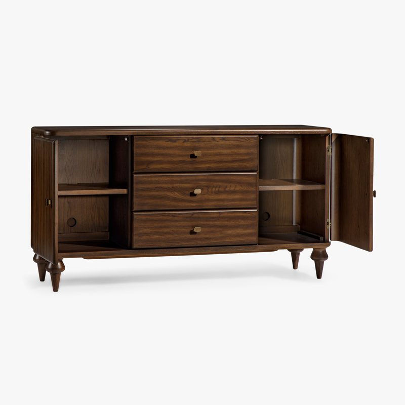 Louie Rectangular Buffet Sideboard Cabinet Walnut Finish with Curved Sides and Turned Legs for Dining Storage