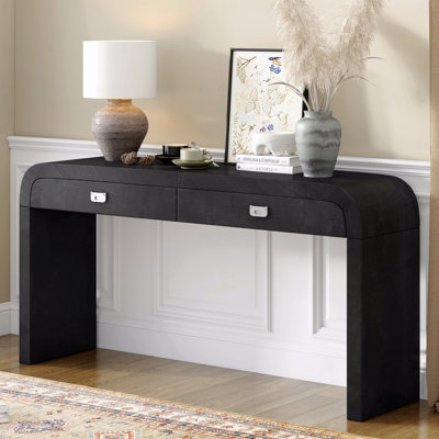 Wooden Entryway Console Table With Burl Veneer - 2 Large Drawers Metal Handles Multi-Functional Sofa Table 2 Sturdy Legs