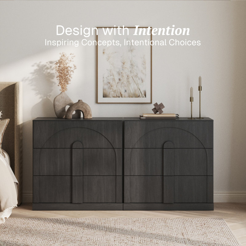 Set of 2 Sideboard Cabinet with 3 Drawers, Ebony, Ebony